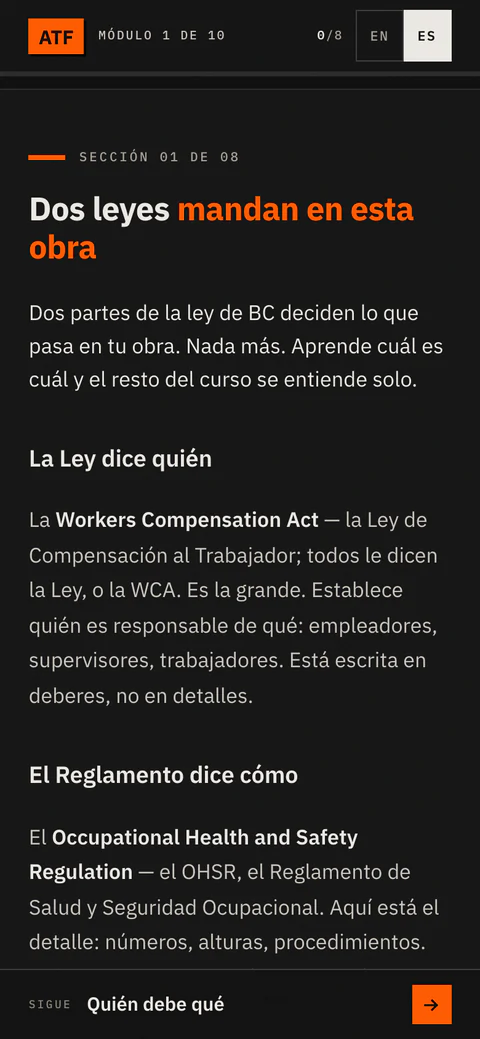 Module 01 on a phone with the ES language button pressed: ‘Sección 01 de 08 — Dos leyes mandan en esta obra’, the section running in Spanish, and the header reading Módulo 1 de 10.