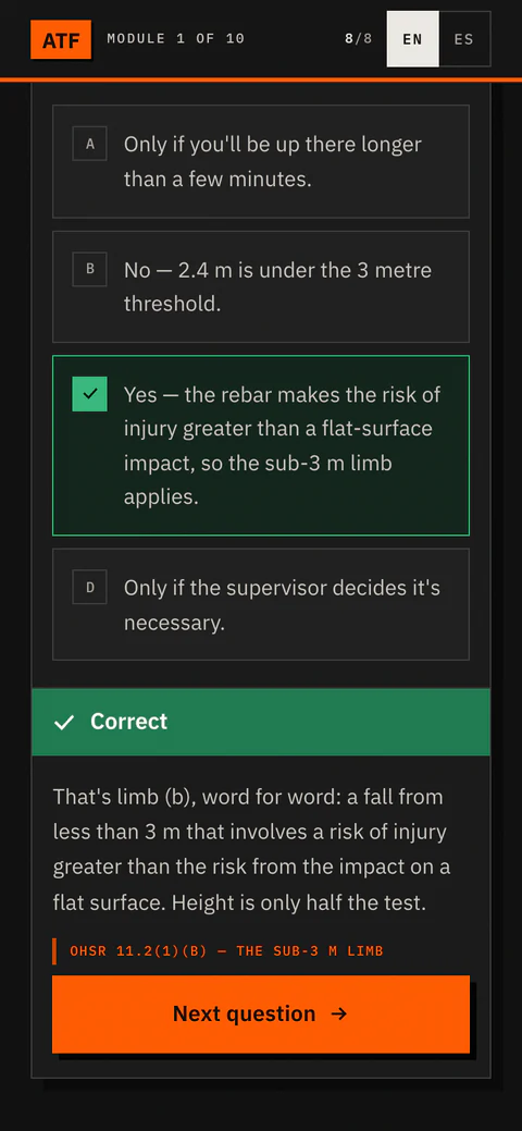 Module 01 on a phone: a knowledge-check question answered, the chosen answer marked correct, a green Correct banner, the explanation beneath it and the citation OHSR 11.2(1)(b), the sub-3 m limb.