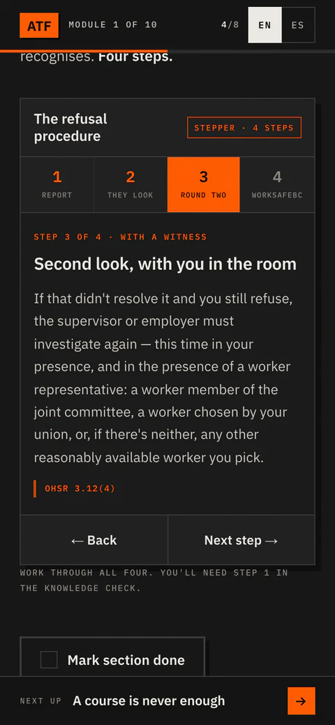Module 01 on a phone: the refusal procedure stepper on step 3 of 4, ‘Second look, with you in the room’, with the four step tabs across the top and the citation OHSR 3.12(4).